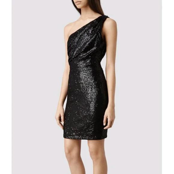 AllSaints Cassis One-Shoulder Sequin Cocktail Dress Black Size 4 NWT - Picture 3 of 12